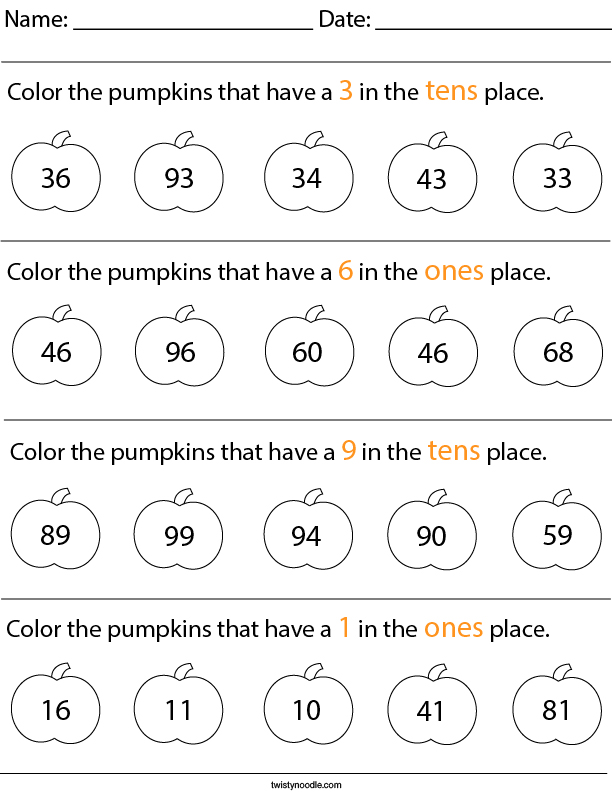 Place Value- Color the Pumpkins Math Worksheet