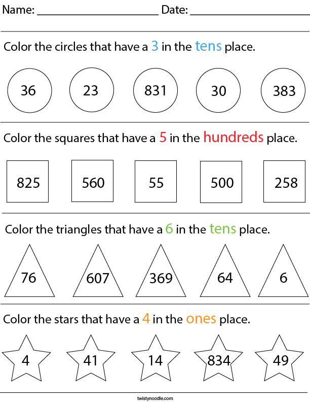 Place Value- Color the Shapes Math Worksheet