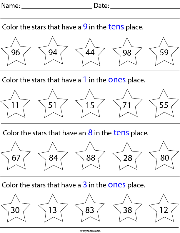 Place Value- Color the Stars Math Worksheet