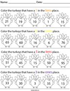 Place Value- Color the Turkeys Math Worksheet