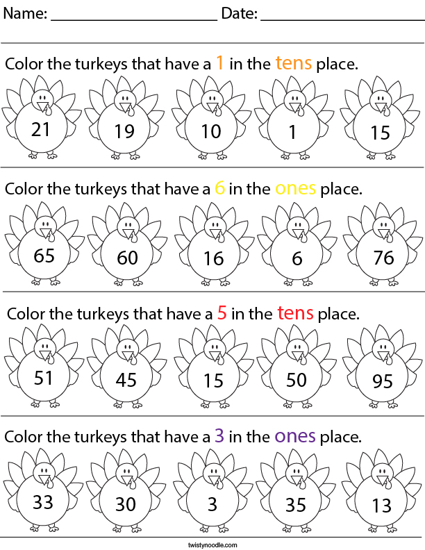 Place Value- Color the Turkeys Math Worksheet