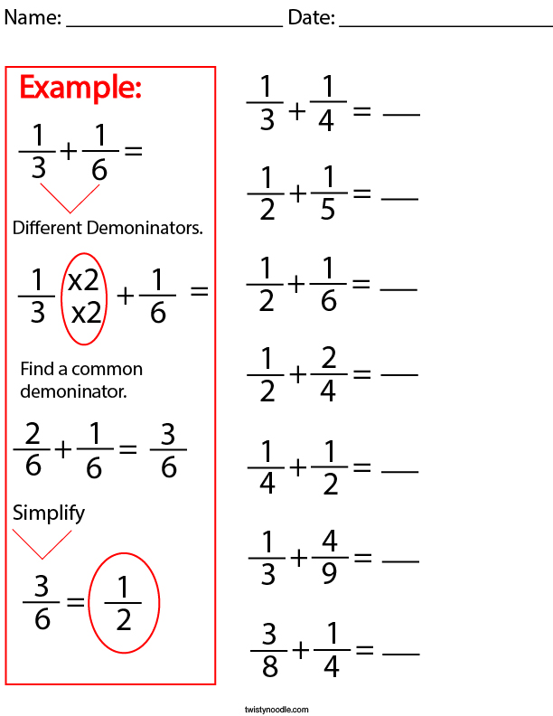 Practice Adding Unlike Fractions Math Worksheet