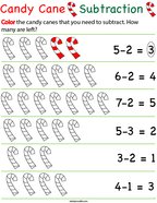 Preschool Math- Candy Cane Subtraction Math Worksheet
