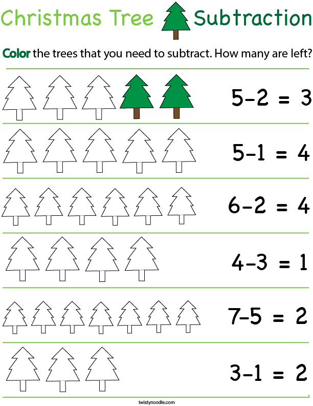 Preschool Math- Christmas Tree Subtraction Math Worksheet