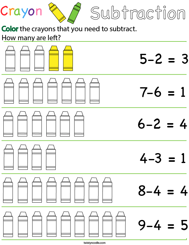 Preschool Math- Crayon Subtraction Math Worksheet