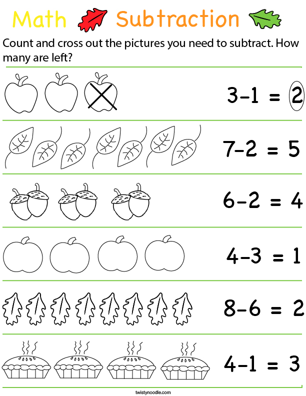 Preschool Math- Fall Subtraction Math Worksheet