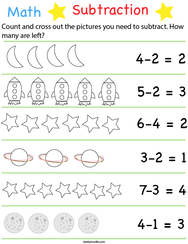 preschool math space subtraction math worksheet twisty noodle
