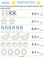 Preschool Math- Summer Subtraction Math Worksheet