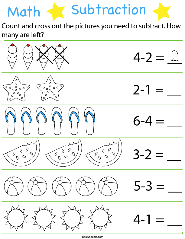 Preschool Math- Summer Subtraction Math Worksheet