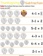 Preschool Math- Thanksgiving Subtraction Math Worksheet