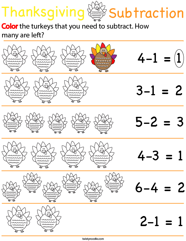Preschool Math- Thanksgiving Subtraction Math Worksheet