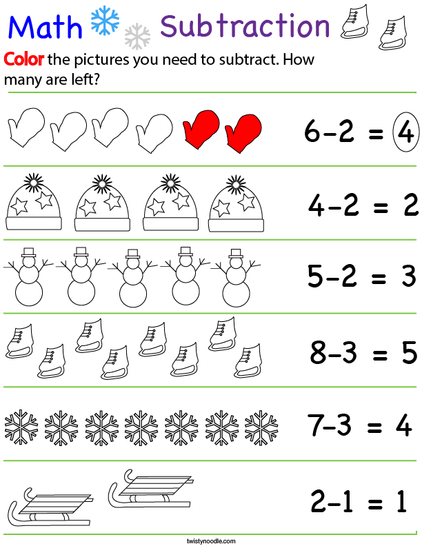 Preschool Math- Winter Subtraction Math Worksheet