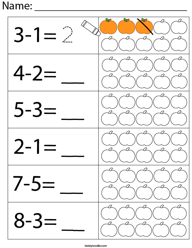 Pumpkin Color and Subtract Math Worksheet
