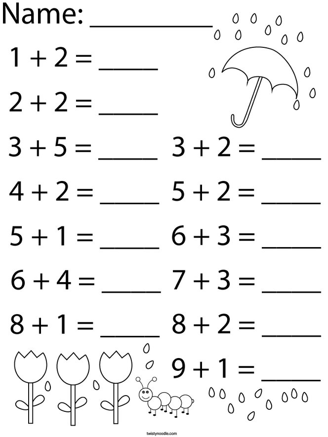 Rainy Day Addition Math Worksheet