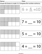 Shade the boxes to make 10 Math Worksheet