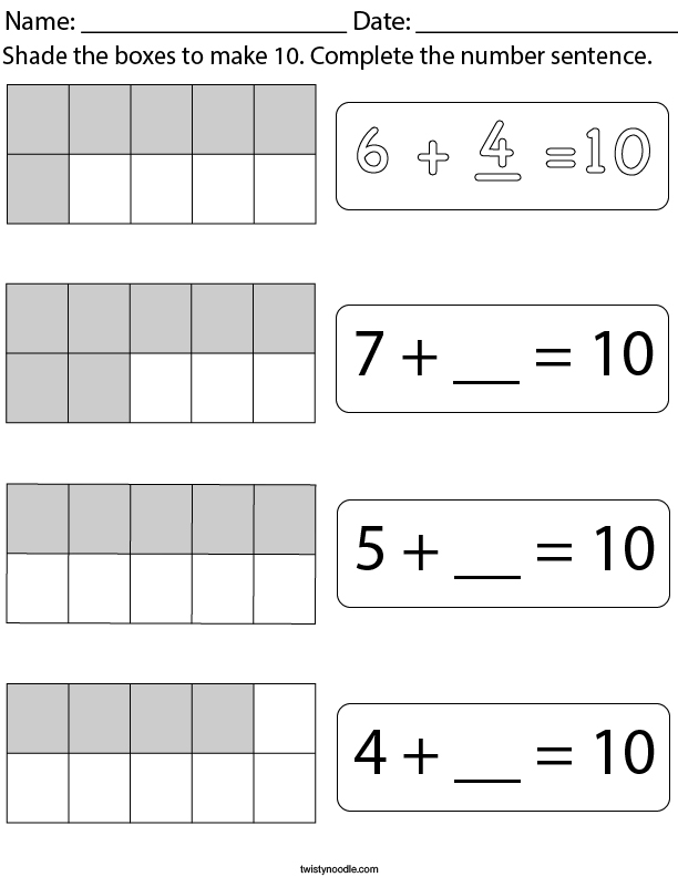 Shade the boxes to make 10. Math Worksheet