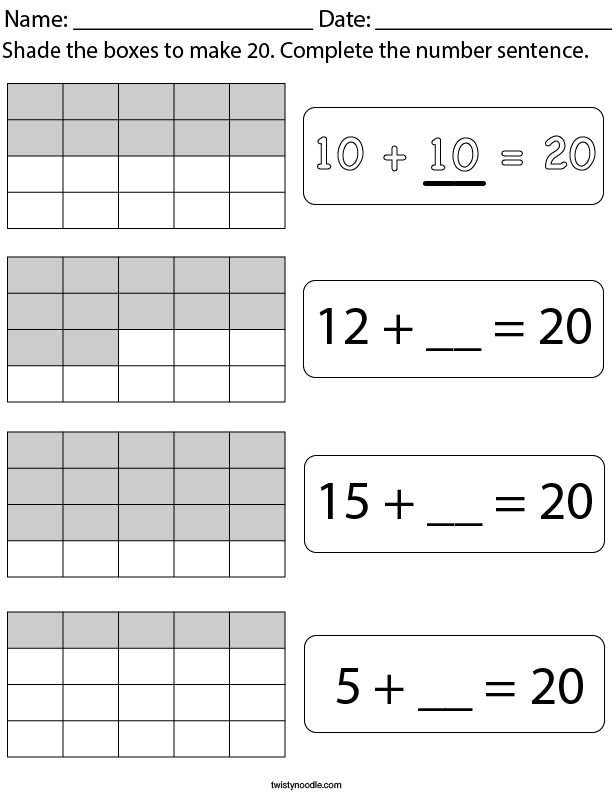 Shade the boxes to make 20. Math Worksheet