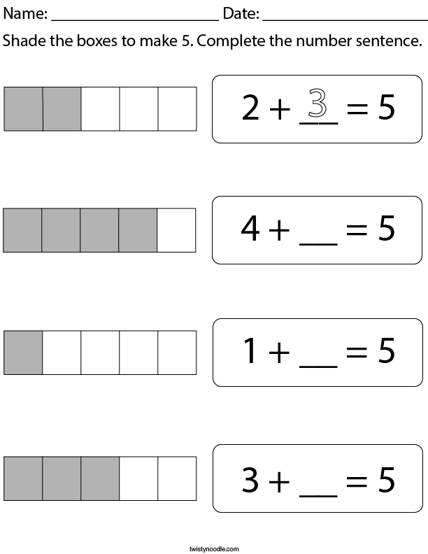 Shade the boxes to make 5. Math Worksheet