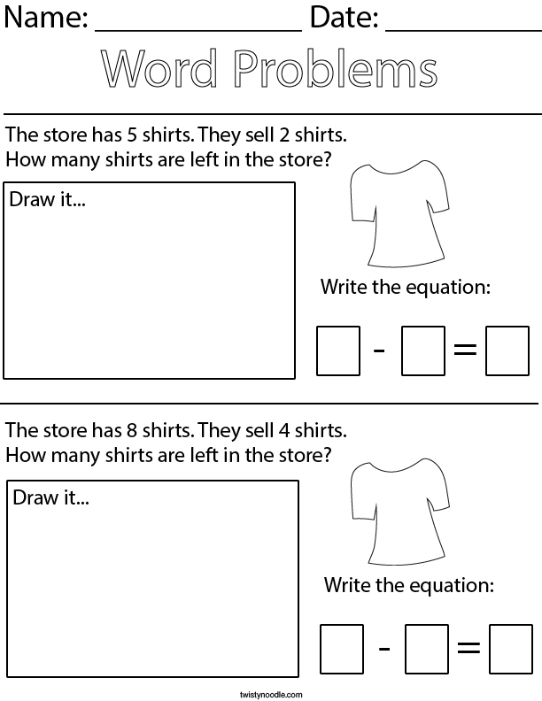 Shirt Subtraction Word Problems Math Worksheet