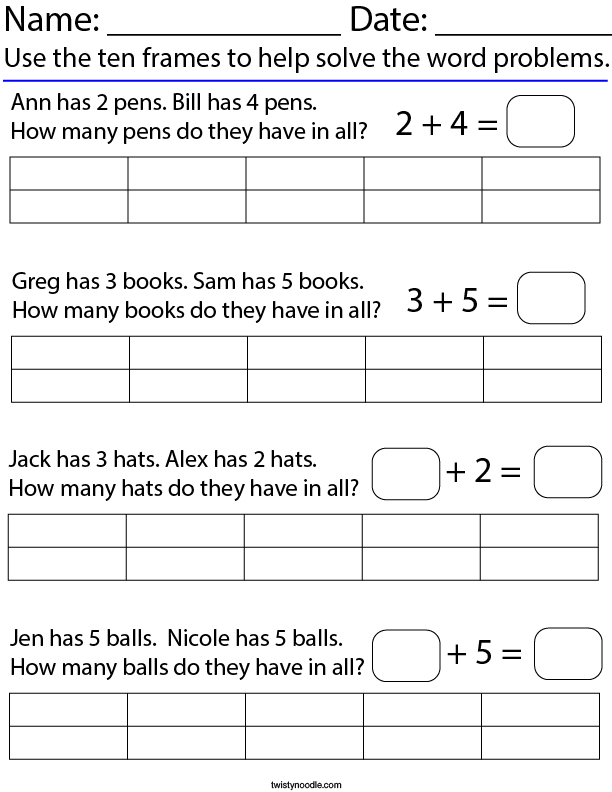 Solving Word Problems with Ten Frames Math Worksheet