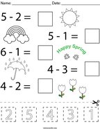 Spring Cut and Paste Subtraction Math Worksheet