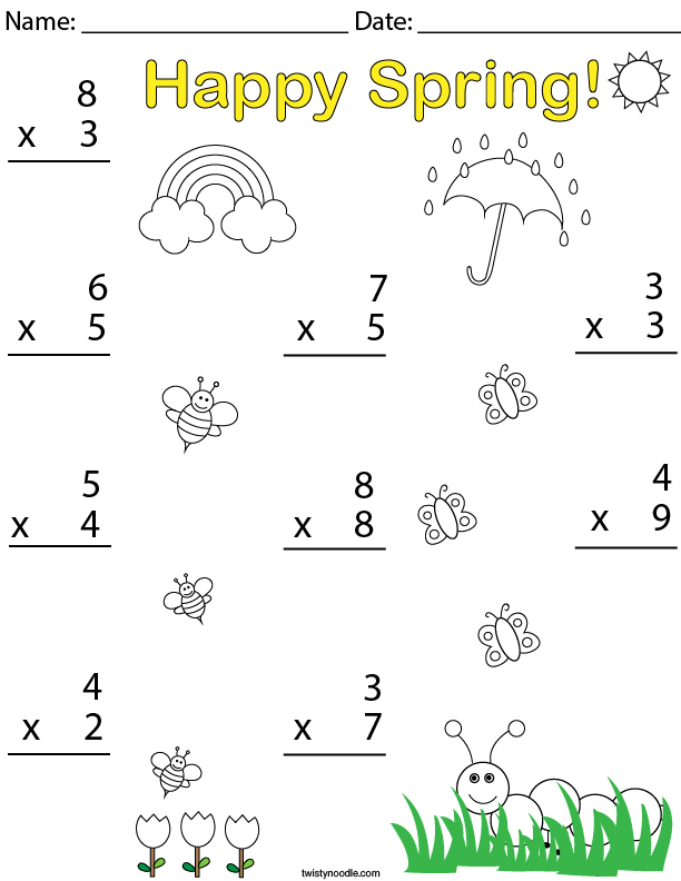 Spring Multiplication - 1 digit  Math Worksheet