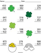 St Patrick's Day 3 Digit Subtraction Math Worksheet