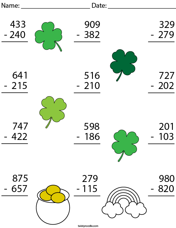 St. Patrick's Day 3 Digit Subtraction Math Worksheet