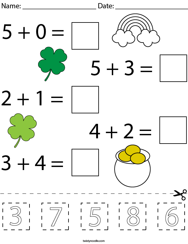St. Patrick's Day Addition Cut and Paste Math Worksheet