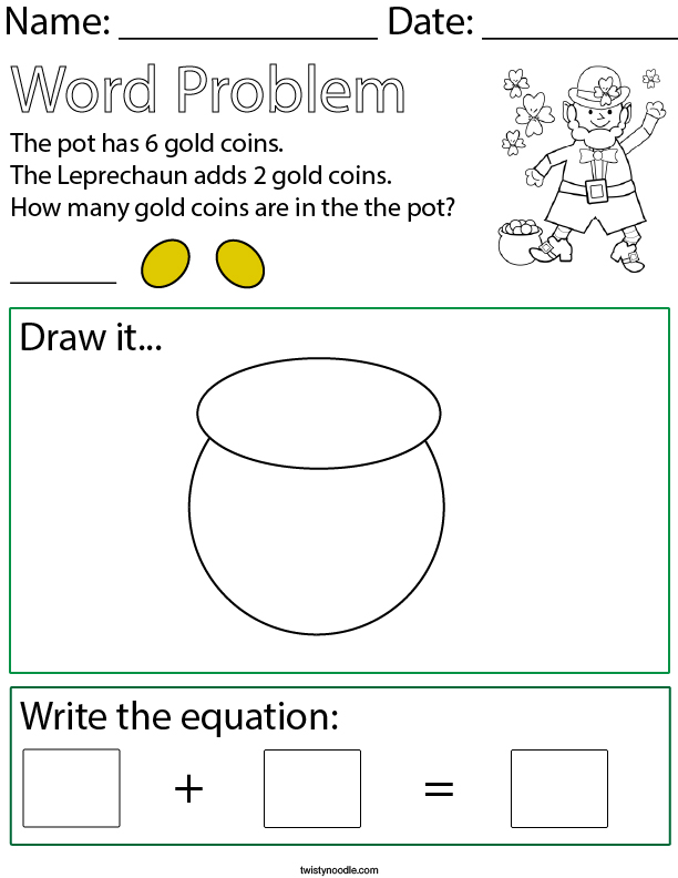 St. Patrick's Day Addition Word Problem Math Worksheet