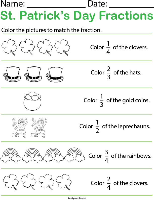 St. Patrick's Day Fractions Math Worksheet