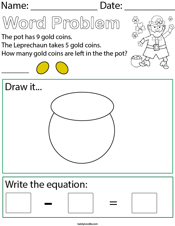 St. Patrick's Day Subtraction Word Problem. Math Worksheet