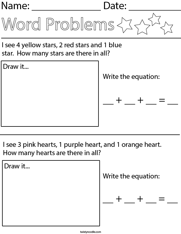 Stars and Hearts Addition Word Problem Math Worksheet