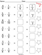 Subtract and Simplify the Like Fractions Math Worksheet