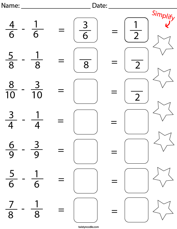 Subtract and Simplify the Like Fractions Math Worksheet
