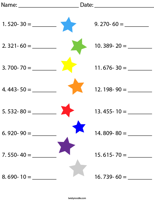 Subtract whole tens from 3-digit numbers Math Worksheet