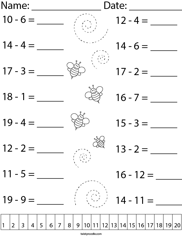 Subtract within 20 Math Worksheet - Twisty Noodle subtract-within-20-math-worksheet-twisty-noodle