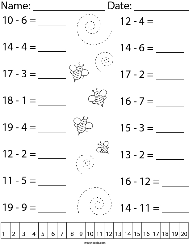 Subtract within 20 Math Worksheet