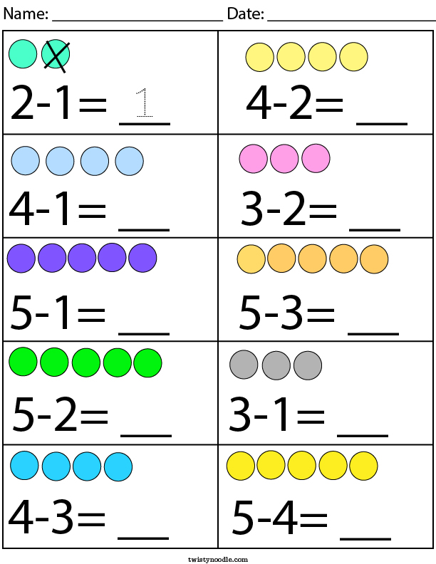 subtract within 5 math worksheet twisty noodle
