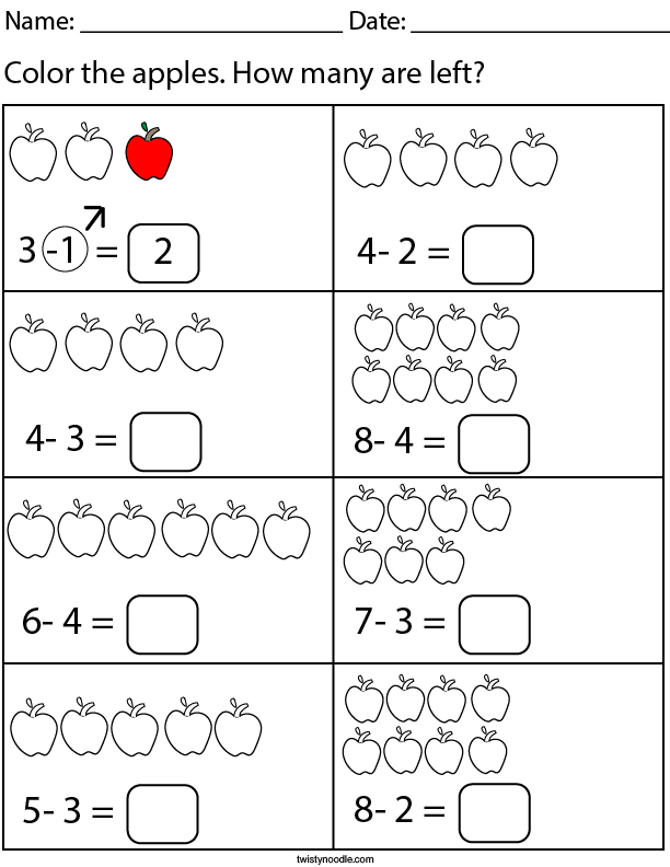 Free Printable Apple Subtraction Worksheets