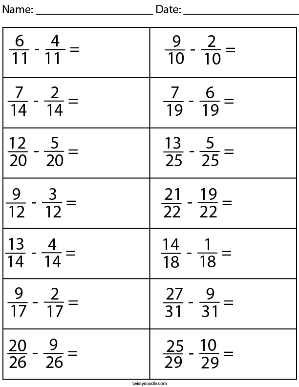 subtracting fractions with common denominator math worksheet twisty noodle