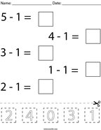 Subtracting One Cut and Paste  Math Worksheet