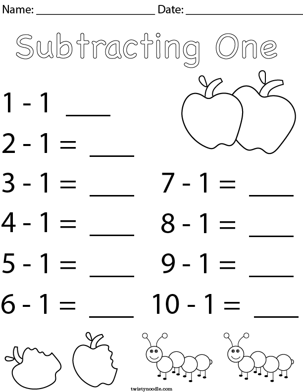 Subtracting One Math Worksheet