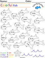 Subtraction- Color by Number Fish Math Worksheet