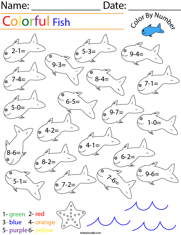 Subtraction Color by Number Fish Math Worksheet Twisty Noodle Subtraction Color by Number Fish Math Worksheet Twisty Noodle