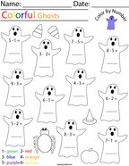 Subtraction Color by Number Ghosts Math Worksheet