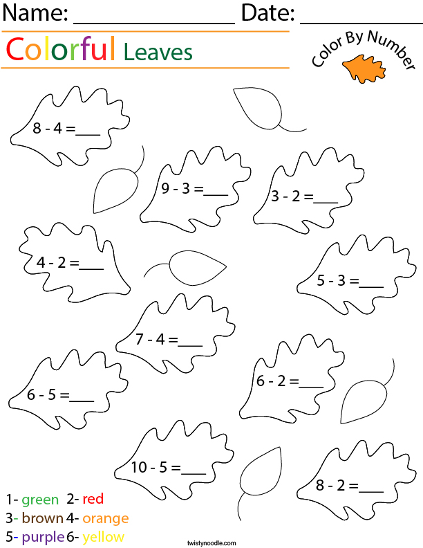 Subtraction- Color by Number Leaves Math Worksheet