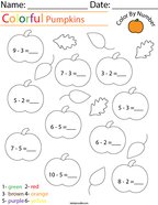 Subtraction- Color by Number Pumpkins Math Worksheet