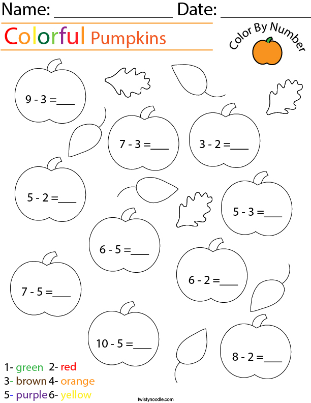 Subtraction- Color by Number Pumpkins Math Worksheet