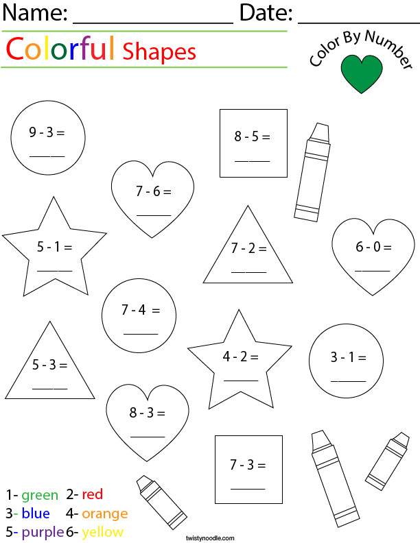 subtraction color by number shapes math worksheet twisty noodle